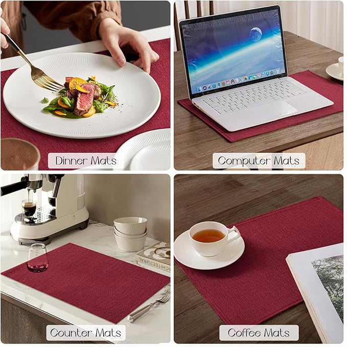 Romanstile Cloth Placemats Set of 4-12 x 18 Inch, Heat Resistant Double Layered Thickened Burlap Christmas Place Mats, Washable Faux Linen Farmhouse Table Mats for Kitchen/Dining/Party/Outdoor, Red
