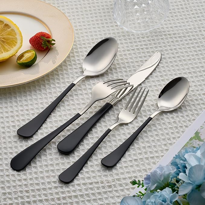 20 Piece Black 18/0 Flatware Utensil Set for 4, Include Dinner Knife,Dinner Forks,Dinner Spoons,Salad Forks,Teaspoons,Silverware Set for 4, Dishwasher Safe