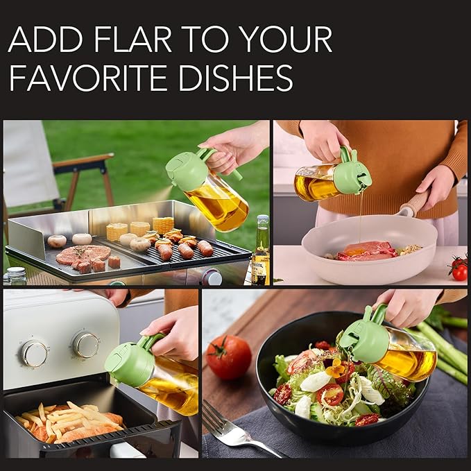 YARRAMATE 2Pcs 16oz/470ml 2 in 1 Oil Sprayer for Cooking with Stickers, Food-grade Glass Oil Spray Bottle, Oil Dispenser and Oil Sprayer for Kitchen, Salad, Frying, BBQ (White & Green)