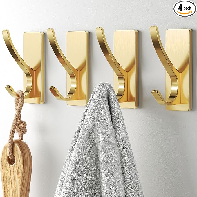 Self Adhesive Coat Hooks for Hanging, Heavy Duty Stainless Double Wall Hook for Towel, Backpack, Hat, Sturdy Metal Hanger for Bathroom, Bedroom, Door, Wall Mounted, 4-Pack, Bling Gold