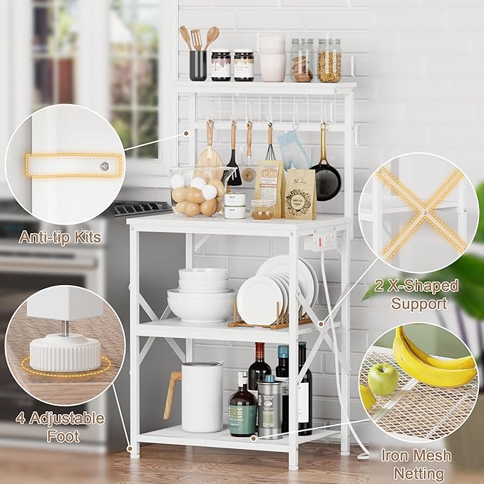 Furologee Kitchen Bakers Rack with Power Outlet, Microwave Oven Stand with Storage 4 Tiers, Coffee Bar Table with 6 S Hooks, Kitchen Storage Shelf Rack for Spices, Pots, White
