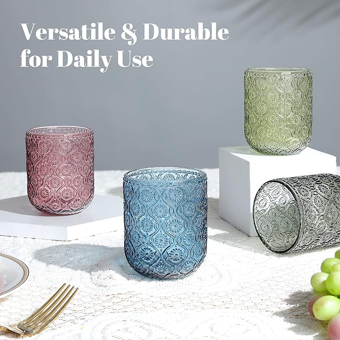 Joeyan Small Drinking Glasses,Vintage Embossed Floral Water Glass Tumbler Cups,Colored Beverages Cocktail Juice Wine Glassware,Multicolor,9 oz,Set of 4,Dishwasher Safe