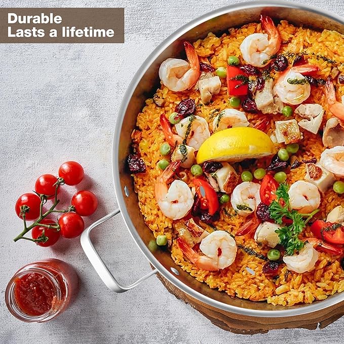 Tri-Ply Stainless Steel Paella Pan, 14.5 inch Large Skillet,12 Servings 18/10 Large Paella pan with Lid,Jumbo Cooker,Perfect for Outdoors, Camping, Parties