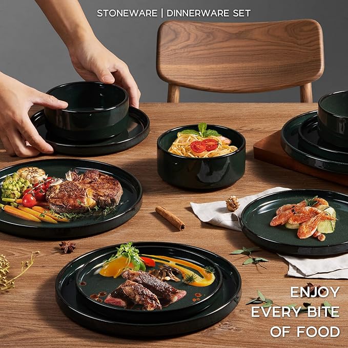 Stoneware Dinnerware Sets for 4, Onader Reactive Glaze Plates and Bowls Sets, Ceramic Dish Dinner Set with Rustic Terracotta Bottom, 12 Piece Elegant Dishware - Emerald Green