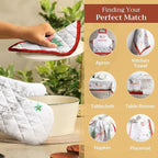 Maison d' Hermine 100% Cotton Oven Mitt & Pot Holder Set (7.5"x13" & 8"x8") Heat Resistant BBQ Cooking Gloves with Loop, Baking, Grilling, Kitchen, Handling Hot Pans (Christmas Tradition)