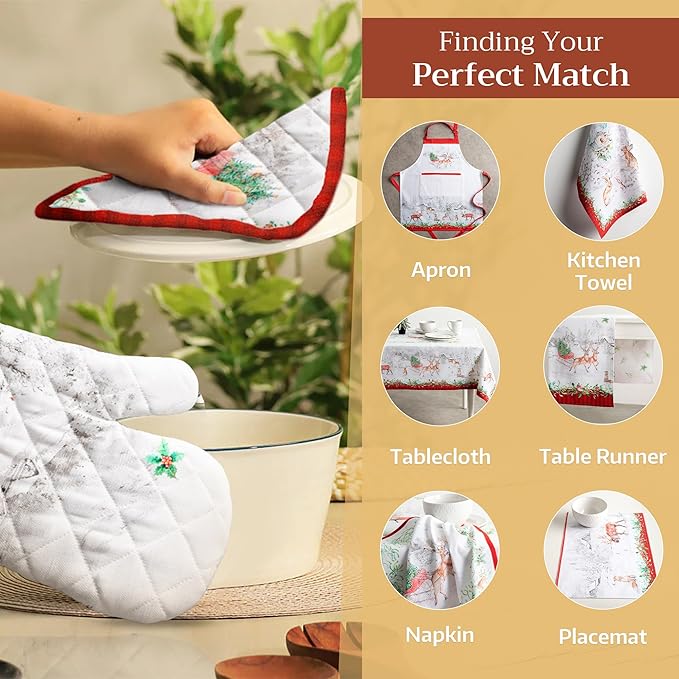 Maison d' Hermine 100% Cotton Oven Mitt & Pot Holder Set (7.5"x13" & 8"x8") Heat Resistant BBQ Cooking Gloves with Loop, Baking, Grilling, Kitchen, Handling Hot Pans (Christmas Tradition)