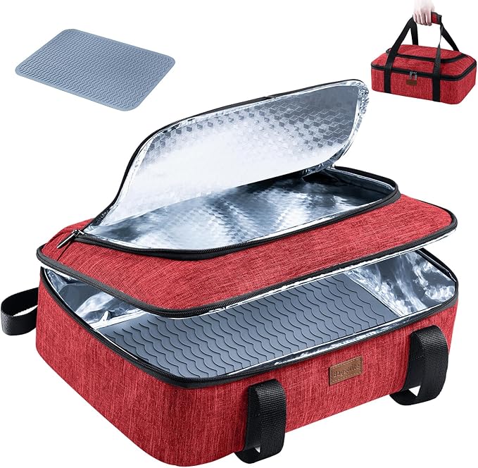 BAGSPRITE Insulated Casserole Carrier for Hot or Cold Food with Heat-resistant Mat, Fits 9" x 13" Baking Dish