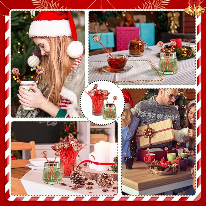 Meanplan 60pcs Christmas Swizzle Sticks Christmas Cocktail Stirrers Plastic Stir Sticks Xmas Santa Claus Snowman Decorations for Birthday Party Coffee Shop Supplies Favors Gifts(Vintage)