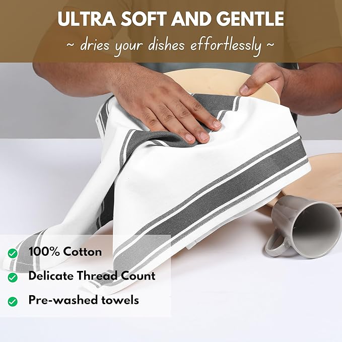 Native Fab Gray Kitchen Dish Towels 18x28 Inch, Set of 4, Wide Stripe, Super Absorbent, Fast Dry, Soft, 100% Cotton Towels for Wiping Hands, Drying Dishes, Cleaning Spills Dish Cloths Set - Grey