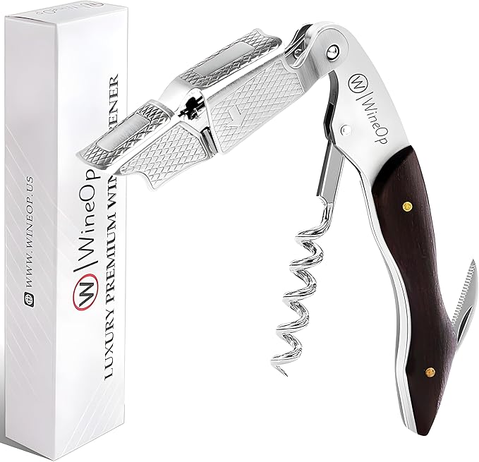 WineOp Professional Wine Opener Luxury Double Hinged Waiter's Corkscrew Wine Bottle Key - Cork screwer for Servers, Bartenders, Sommelier and Home Use | All-In-One Stainless Steel (Ebony Wood Handle)
