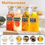 Set of 4 Square Glass Carafe, 1 Liter Beverage Serveware Carafe with Bamboo Lid, Water Bottles, Clear Glass Pitchers for Mimosa Bar, Milk, Juice, Lemonade(4 Bottles)
