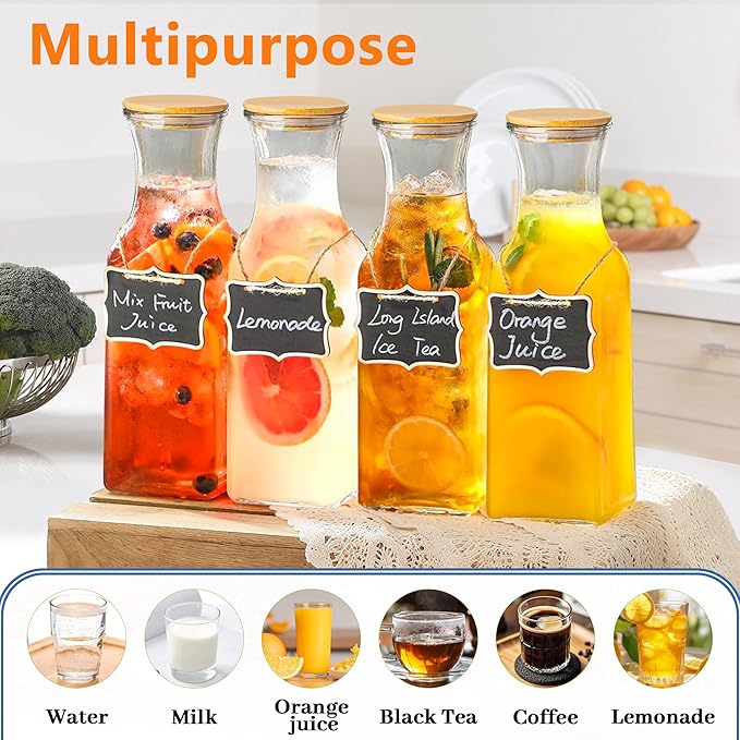 Set of 2 Square Glass Carafe, 1 Liter Beverage Serveware Carafe with Bamboo Lid, Water Bottles, Clear Glass Pitchers for Mimosa Bar, Milk, Juice, Lemonade(2 Bottles)