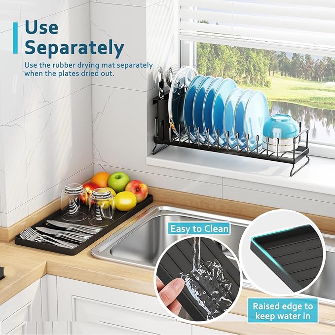 ANTOPY Small Dish Drying Rack - Compact Dish Rack for Kitchen Counter with Silicone Dish Drying Mat, Stainless Steel Dish Drainer for Kitchen Sink Cabinet, Space Saving Plate Rack Cutlery Holder