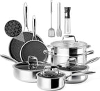 VONIKI Hybrid Tri-ply Stainless Steel Cookware Set, Pots And Pans Set Non Stick with Steamer Basket, Non Toxic Induction Cookware, Kitchen Cookware Sets PFOA & PTFE Free, Dishwasher and Oven Safe