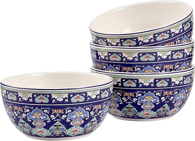 Bico Mandala Kaleidoscope Cereal Bowls Set of 4, 26 oz Deep Ceramic Soup Bowls for Cereal, Salad, Noodles, Kitchen, Microwave and Dishwasher Safe, Gift for Housewarming and Thanksgiving