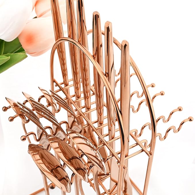 24-Piece Mirror Rose Gold Cutlery Set, Snplowum Stainless Steel Flatware Hanging Tableware Silverware Set Include Knife/Fork/Spoon/Teaspoon and Storage Rack For Daily Use, Service For 6