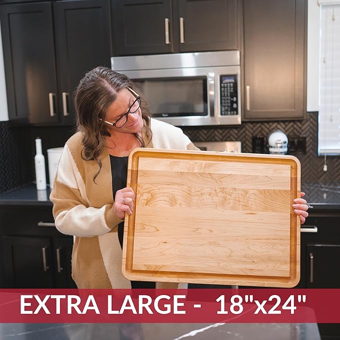Made in USA Extra Large Solid Maple Wood Cutting Board by Virginia Boys Kitchens - Butcher Block Wooden Carving Board with Juice Groove made from Sustainable North American Hardwood (18x24)