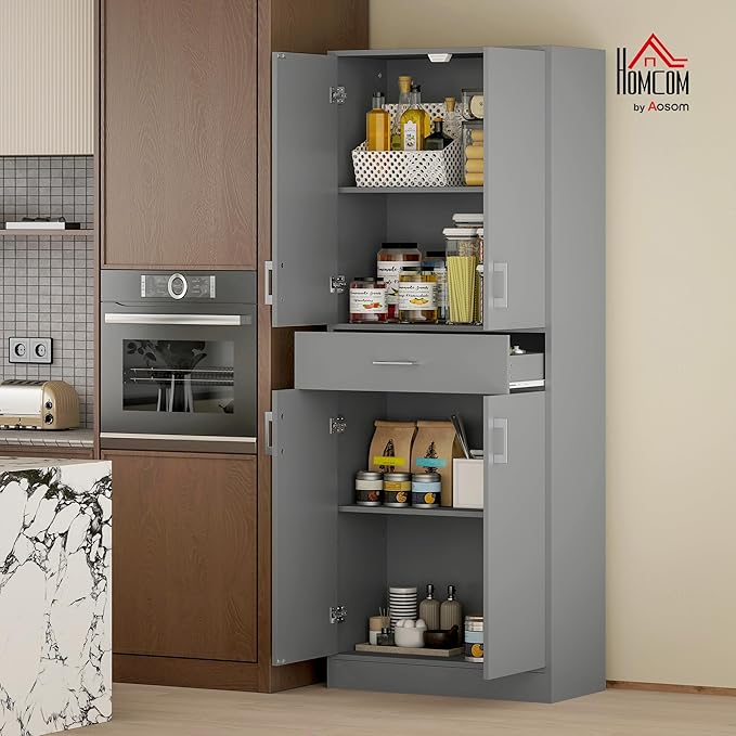 HOMCOM 71" Kitchen Pantry Cabinet with Drawer and Adjustable Shelf, Freestanding Tall Storage Cabinet with 2 Double Door Cupboards, Gray