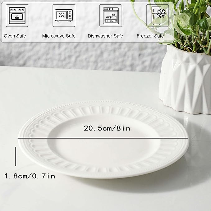 Neaylfe 8-Piece Ceramic Salad Plates Set, 8in Embossed Modern Small Dinner Plates for Kitchen, Ceramic Flat Plates for Salad, Dessert, Appetizer, Microwave, Oven, and Dishwasher Safe
