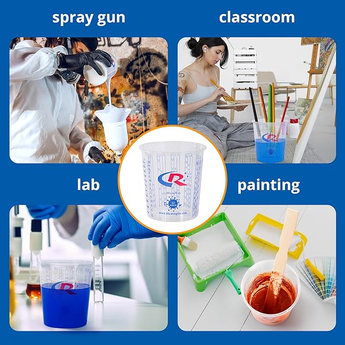 Paint Mixing Cup 20 Ounce, Accurate Measurements in Ratios and OZ. and ML, 100PCS Plastic Graduated Measuring Cups with 12PCS Lids for Paint, Resin, Epoxy, Acrylic, Pigments, Art