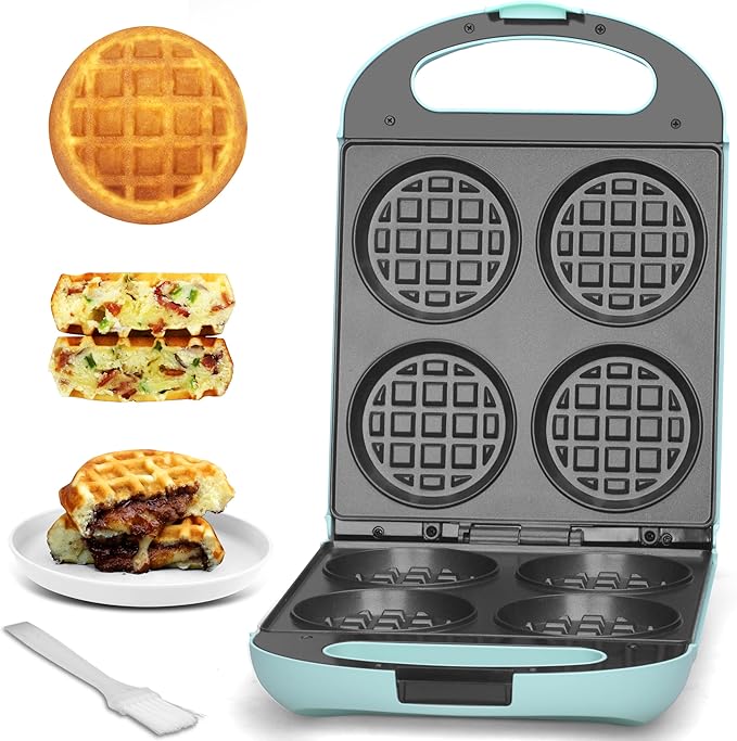 Baker's Friend Multi Stuffed Waffle Maker Thick, 4-Slice with 1.2'' Thick & 4'' Dia, Belgian Mini Waffle Maker Flip, Nonstick Breakfast Sandwich Maker, Stuffed Waffle Iron, Aqua