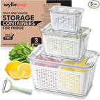 Premium Fruit Storage Containers for Fridge with Veggie Peeler – 3-in-1 Produce Containers for Fridge with Strainer & Removable Colander – Large, Clear Fruit and Vegetable Storage Organizer (Set of 3)