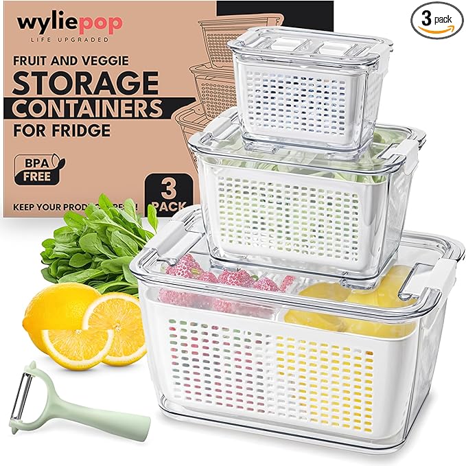 Premium Fruit Storage Containers for Fridge with Veggie Peeler – 3-in-1 Produce Containers for Fridge with Strainer & Removable Colander – Large, Clear Fruit and Vegetable Storage Organizer (Set of 3)