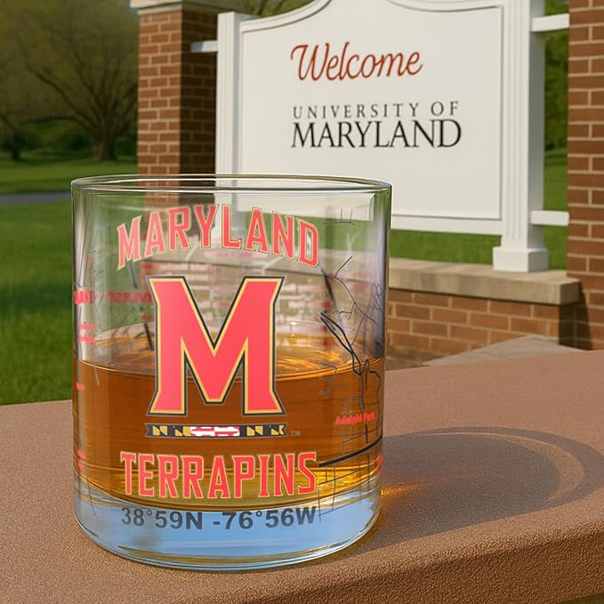 Greenline Goods – University of Maryland Terrapins College Whiskey Glasses (Set of 2), 10 oz – Full-Color Logo + Campus Map