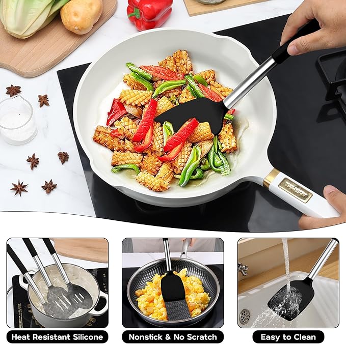Kitchen Utensils Set, 15 Pcs Silicone Cooking Utensils Set with Holder and Heat Resistant Stainless Steel Handle for Nonstick Cookware - Black