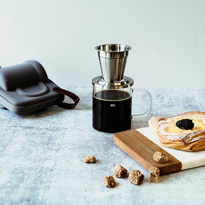 Travel Glass Pour Over Coffee maker Set 4pcs (Gray) | 18/2 Stainless Steel Filter Dripper and Lid | BPA Free Borosilicate Glass Mug | Paperless Drip Coffee Maker Pour Over For Coffee Lovers