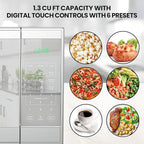 Total Chef Compact Countertop Microwave Oven, 1100W, 1.3 Cubic Feet Capacity, Digital Touchscreen Controls, One-Touch Push-Button Opening, 6 Pre-Set Cooking Modes, Silver Stainless Steel