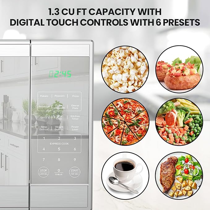 Total Chef Compact Countertop Microwave Oven, 1100W, 1.3 Cubic Feet Capacity, Digital Touchscreen Controls, One-Touch Push-Button Opening, 6 Pre-Set Cooking Modes, Silver Stainless Steel