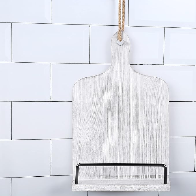 Soligt Cookbook Stand for Kitchen Counter Adjustable Recipe Book Holder Rustic Wood Cutting Board Style - White