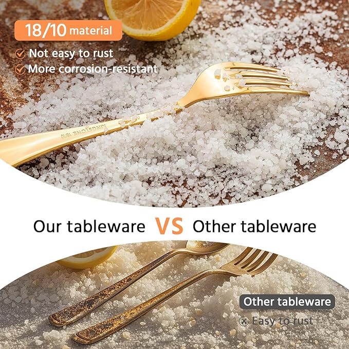 KINGSTONE 60 Piece Teardrop Silverware Set for 12, 18/10 Stainless Steel Flatware Set, Modern Design Cutlery Set for Home/Hotel/Wedding,Mirror Polished and Dishwasher Safe, Gold