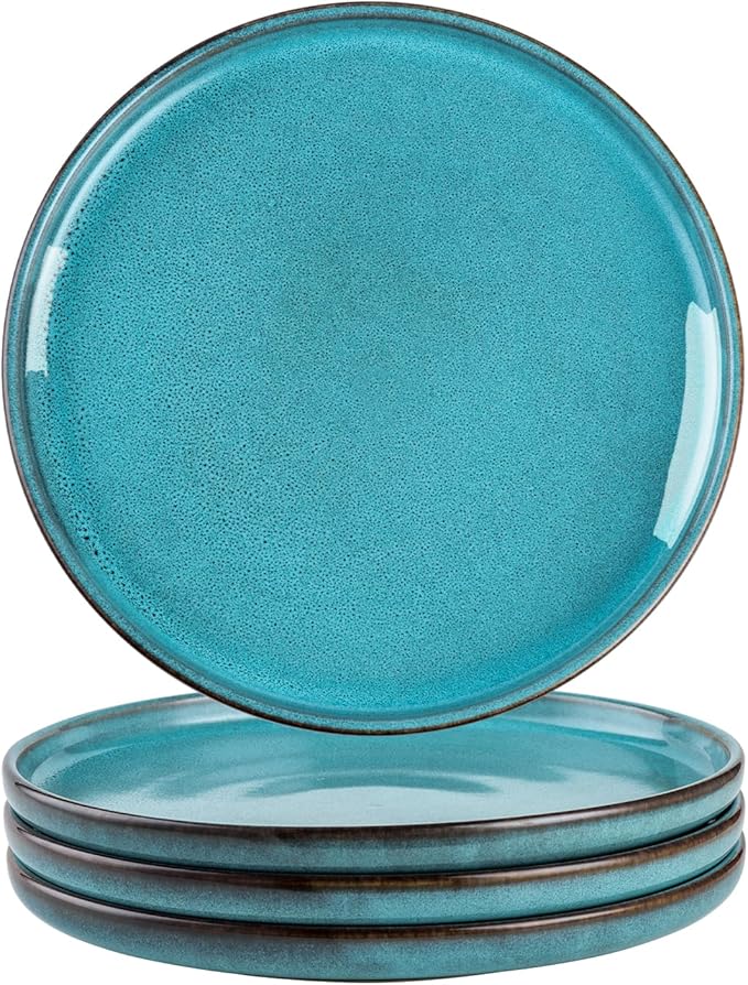 Henten Home 10 Inch Ceramic Dinner Plates, Porcelain Pasta Plates Set of 4, Fluted Round Plates for Kitchen, Steak, Salad Stonware Dishes, Scratch Resistant, Dishwasher & Microwave Safe (Aqua)