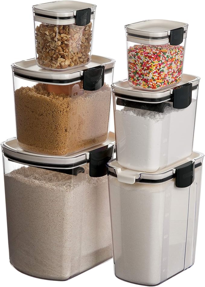 Progressive ProKeeper Baker's Airtight Kitchen Storage Canister Container Set for Flour, Sugar & More, Keeps Ingredients Fresh, with Accessories (Black Latches, 6- Piece)