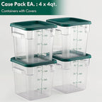 CURTA 4 Pack Food Storage Container with Green Lid - NSF Commercial Grade in 4.0 Qt - Square, Clear, Polycarbonate