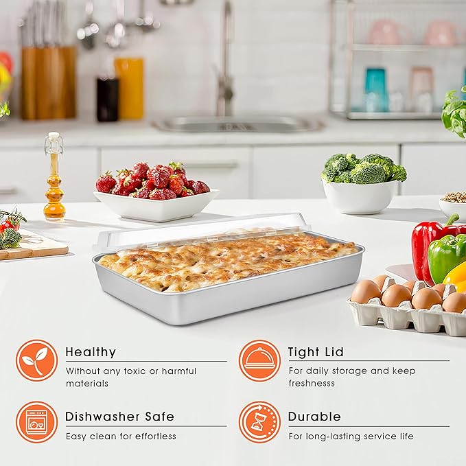 Herogo Baking Pan with Lid, 9 x 12 Inch Stainless Steel Lasagna Pan Deep, Rectangle Cakes Bakeware with Lid for Brownies Casseroles, Dishwasher Safe