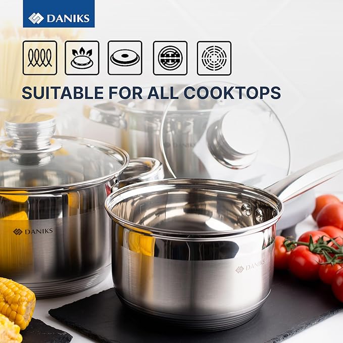 Daniks Standard 11-Piece Stainless Steel Induction Cookware Set, Saucepan, Frying Pan, Dishwasher Safe Pots, Measuring Scale, Glass Lids, For Soup, Pasta, Stew, Silver