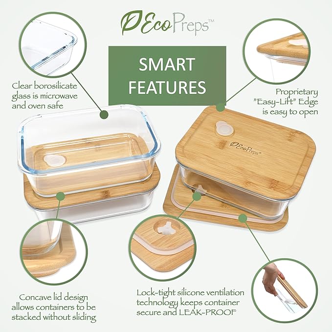 Glass Meal Prep Containers with Bamboo Lids (3 Pack) - 100% Plastic Free, Eco-Friendly Lunch Containers, Bamboo Lid Storage Container Set - Microwave Safe Glass Food Storage Container Set