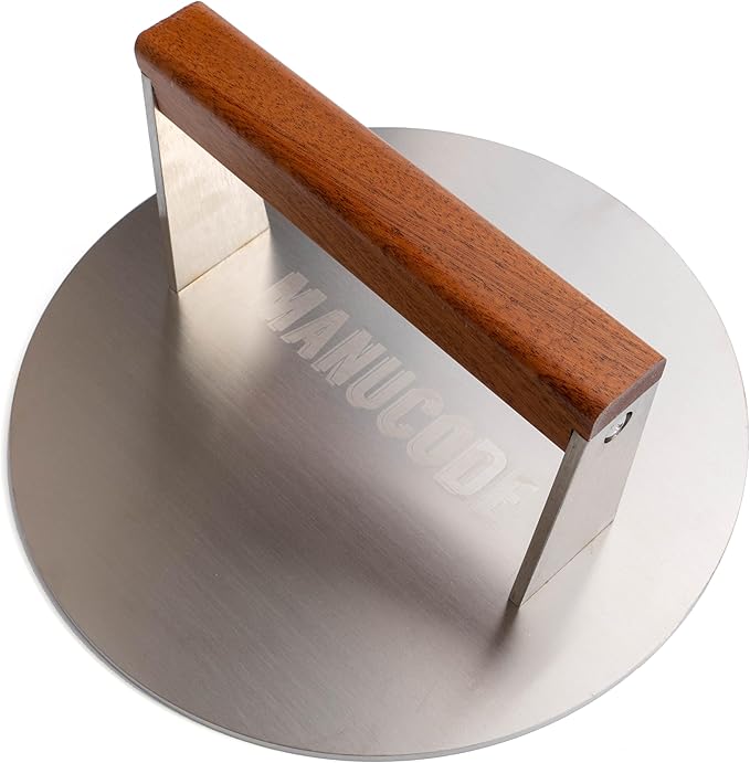 Smash Burger Press, 3.8-Lb Burger Smasher, 9-Inch Bacon Press for Batch Cooking, Stainless Steel, Easy to Clean and Seasoning Free, Heatable for Searing Panini, Steak, Chicken, Fish, Round