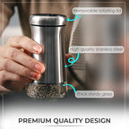 Pepper Shaker or Salt Shaker with Adjustable Pour Holes - Elegant Stainless Steel Spice Dispenser - Perfect for Himalayan, Table Salt, White and Black Pepper (Pepper Shaker)