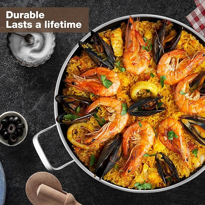 Tri-Ply Stainless Steel Paella Pan,13.5 Inch Nonstick Large Skillet,10 Servings 18/10 Paella Pan with Lid,Jumbo Cooker,Induction Pan,large stainless steel pan for Outdoors,Camping
