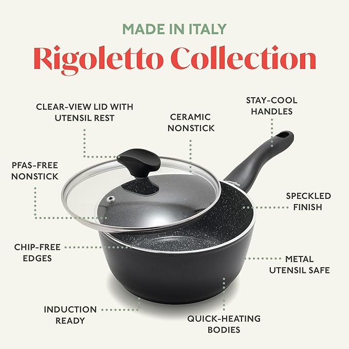 Rigoletto 10 Piece Cookware Pots & Pans Set, Made in Italy, Layered Ceramic PFAS-Free Surface, Induction, Dishwasher & Metal Utensil Safe, Granite Finish, Stay-Cool Handle, Black