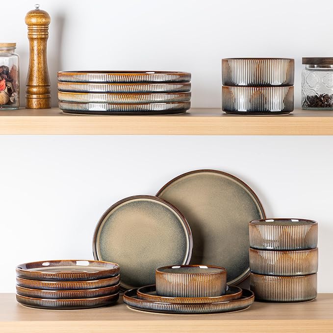 TheTerra Ceramic Dinnerware Sets for 4, 12 Pieces Porcelain Lightweight Speckled Plates and Bowls Sets, Scratch Resistant Dish Set, Oven & Microwave & Dishwasher Safe, Coca Mocha