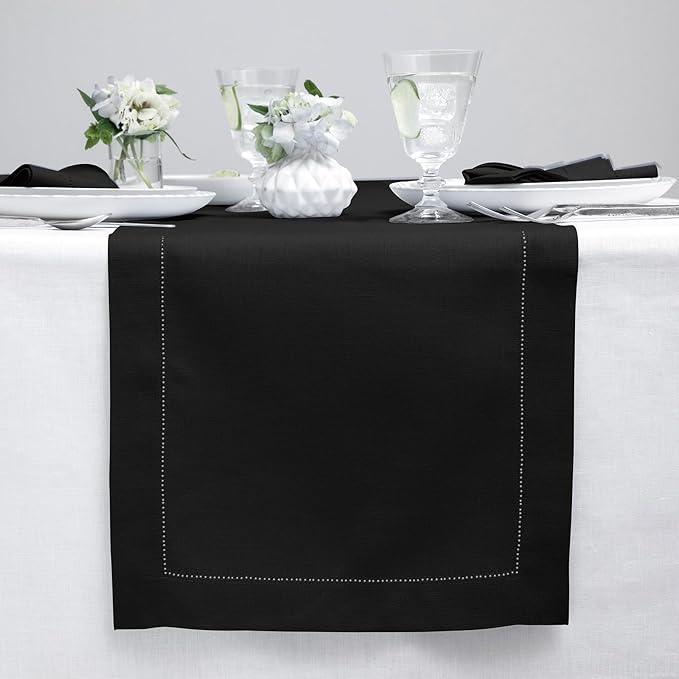 Solino Home Linen Black Table Runner 48 Inches - Classic Hemstitch, 100% Pure Linen Coffee Table Runner 14 x 48 Inch Ideal for Dresser Tables - Summer, Fall, Autumn, Halloween