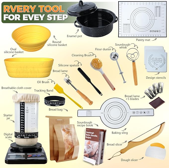 Sourdough Bread Baking Supplies 34 oz Sourdough Starter kit with Pot, 2 Silicone Bread Proofing Baskets, and Bread Making Tools Kit - Yellow