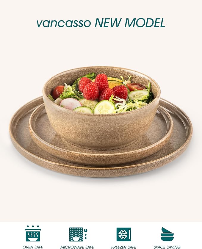 vancasso ANYA 18 Pieces Plates and Bowls Set, Caramel Dinnerware Sets, Reactive Glaze Dishes Set for 6, Ceramic Dishware Sets Kitchen Dinner Set, Microwave & Dishwasher Safe