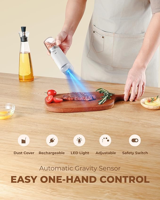 Sangcon Gravity Electric Salt and Pepper Grinder Set Rechargeable with Dust Cover, Large Capacity, Adjustable Coarseness, LED Light, One Hand Automatic Salt Pepper Shaker Set Mill, House Warming Gifts