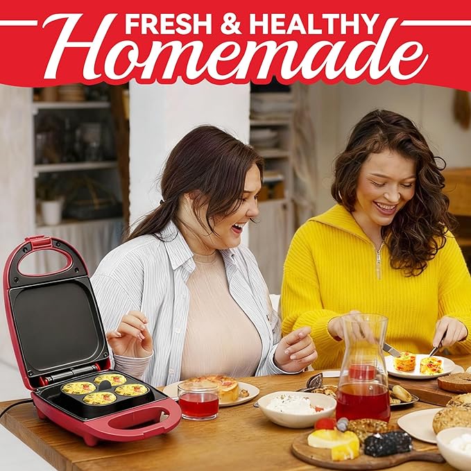 Egg Bite Maker with 2 Silicone Egg Molds for Breakfast Sandwiches, Breakfast Maker, Omelet Pan, Healthy Snacks or Desserts, Red
